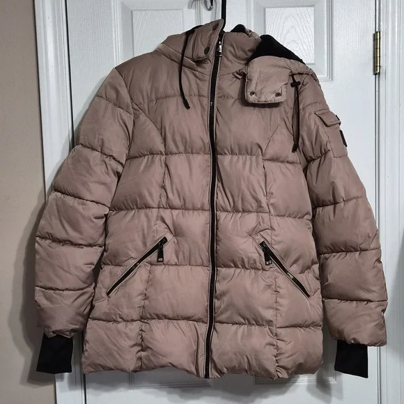 Steve Madden Faux-Fur-Lined Hooded Puffer Coat Tan With Black Size Large - Picture 2 of 12